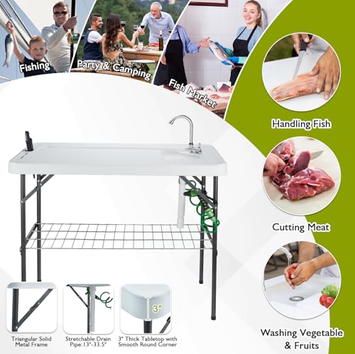 Folding Fish Cleaning Table Portable Camping Sink with Faucet Drainage Hose & Sprayer Outdoor Fillet Station Grid Rack Knife Groove for Picnic Fishing, Black - style: A Sink-Black