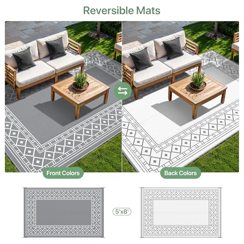 GENIMO Outdoor Rug Waterproof for Patio Decor, 5'x8' Reversible Plastic Straw Area Carpet, Camping Outside Mat for Outdoor, RV, Deck, Camper, Balcony,Picnic Grey & White - color: Grey & White | Natural, size: 5' x 8' (Rectangular)