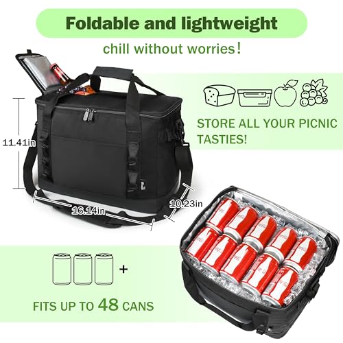 Tirrinia Large Cooler Bag Insulated, 48 Cans Leakproof Soft Camping Coolers, Portable Beach Cooler with Shoulder Strap for Picnic, Beach, Travel Road Trip - color: Black
