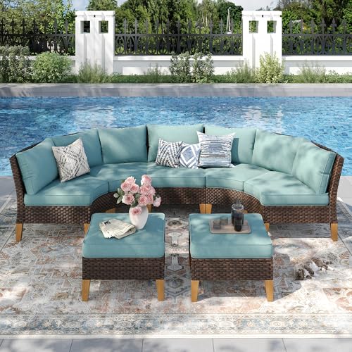 PHI VILLA 5-Piece Wicker Patio Furniture Set, Outdoor Sectional Sofa Conversation Set with Aqua Blue Cushions, Half-Moon Curved Modular Couch for Garden, Deck, Backyard - color: Aqua Blue, size: 7 Seats - Curved