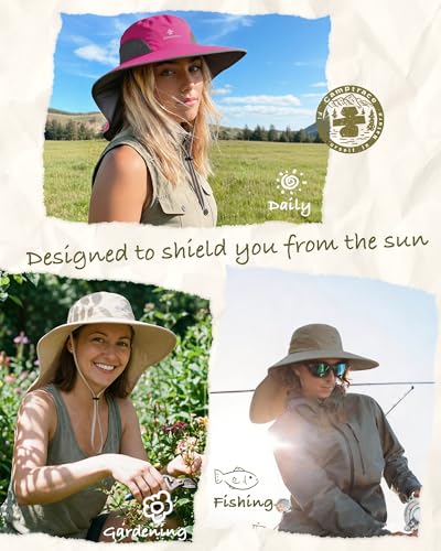 Camptrace Sun Hats for Women Men UPF 50+ UV Protection Wide Brim Hiking Fishing Hat with Neck Flap - color: 03-fuchsia