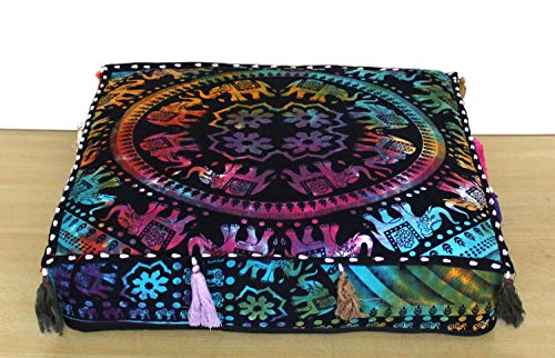 ICC Large Square Cotton Mandala Cushion Cover Hippie Ottoman Pouf Cover Daybed Floor Pillow Cover with Heavy Duty Zipper Seating Ottoman Poufs Dog-Pets Bed (Multi UP Elephant, 18" Square) - color: Multi Up Elephant, size: 18" x 18" (Pack of 1)