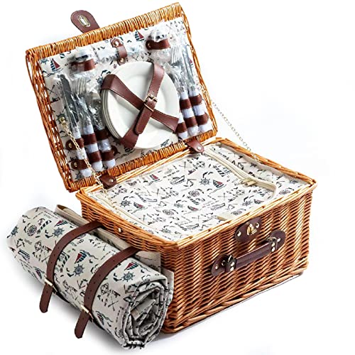 Willow Picnic Basket Set for 4 Persons with Large Insulated Cooler Bag and Waterproof Picnic Blanket, Wicker Picnic Hamper for Camping,Outdoor,Gift,Wedding,Valentine Day,Grey - color: Gray
