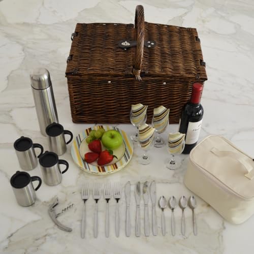 Picnic at Ascot Buckingham Willow Picnic Basket with Service for 4 and Coffee Service - Blue Stripe - color: Brown Wicker- Santa Cruz Plates/Napkins
