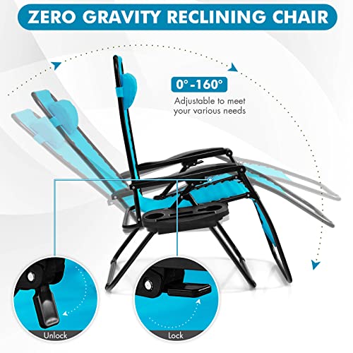Giantex 2 PCS Zero Gravity Chair, Outdoor Chaise Lounge with Cup Holder, Patio Folding Chairs Recliner for Yard Pool Lawn Balcony, Blue - color: Blue, size: 1 Count (Pack of 2)