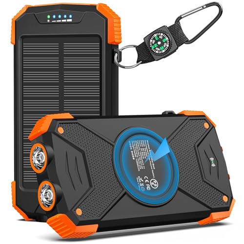 BLAVOR Solar Power Bank 10,000mAh, Portable Wireless Charger, 20W Fast Charging External Battery Pack with USB C for Cell Phones, Solar Panel Charging with Dual Flashlight for Camping - color: Orange