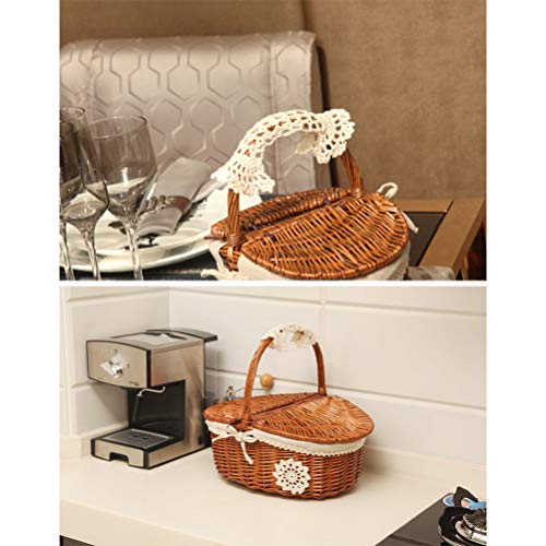Walfront Traditional Brown Wicker + Linen Picnic Basket 26 * 18 * 16cm Handle Height 30cm with Insulated Lining and Cutlery Set