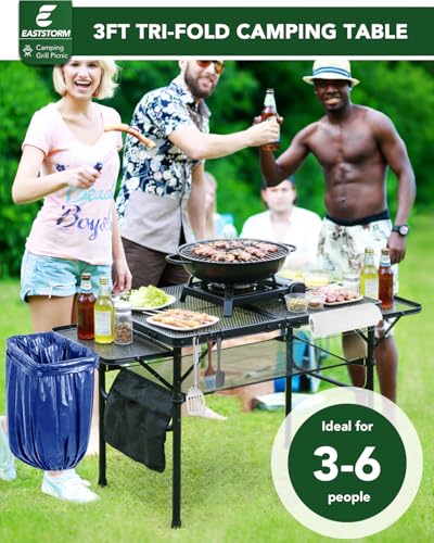 3ft Folding Camping Table with Wing Panels, Metal Mesh Grill Table,2 Adjustable Heights,Folding Table with Storage Net, Paper Towel Holder, Hooks, Trash Bag Rack, for Picnic,Camping,BBQ,Beach(Black) - color: 3ft With Wing Panels