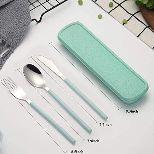 Portable Home Utensils Reusable Flatware Set with Case, Portable Utensils Set With Case Wheat Straw Utensils Travel Cutlery Set Reusable Flatware 3 PCs Fork Spoon Knife With Colored Handle(Green) - color: M Green
