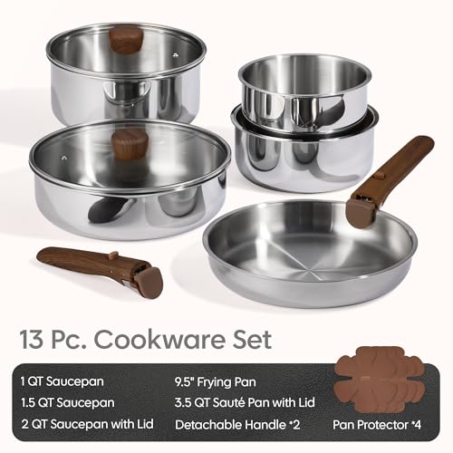 CAROTE 13pcs Tri-Ply Stainless Steel Cookware Set with Detachable Handle, Pots and Pans Set, Induction Kitchen Cooking Sets, RV/Camping Cookware, Oven Safe, Woodgrain Style - color: Polished Silver, size: 13 PCS