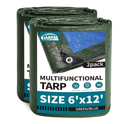 TARPAL 6x12 feet Green Tarp Waterproof (2 Pack) Small tarps Multipurpose Protective Cover All Purpose Poly Tarps Cover for Firewood Outdoor Furniture etc - color: Green/Blue, size: 6x12 Feet(2-pack)-Finished size