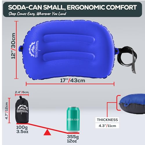 Gear Doctors 3.5oz Compact Ultralight Inflatable Camping Pillow —Inflatable Camp Pillow —Backpacking Pillows Ultralight—Camping Pillows for Sleeping, Hiking, Travel, Beach, Office, Neck, Lumper [Blue] - color: Blue Camping Pillow