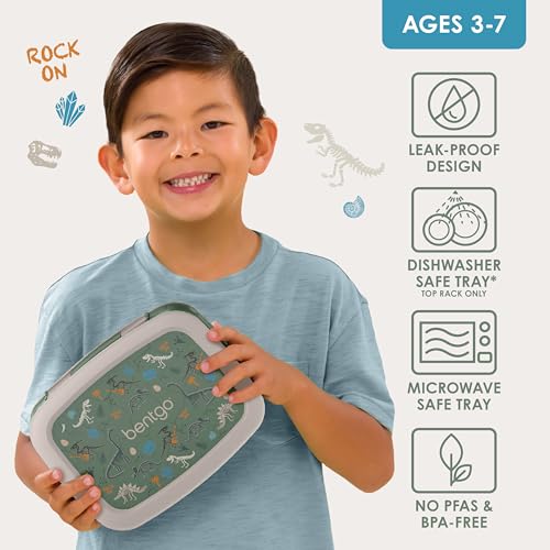 Bentgo Kids Prints Leak-Proof, 5-Compartment Bento-Style Kids Lunch Box - Ideal Portion Sizes for Ages 3-7, Durable, Drop-Proof, Dishwasher Safe, & PFAS & BPA-Free Materials (Dino Fossils) - color: Dino Fossils