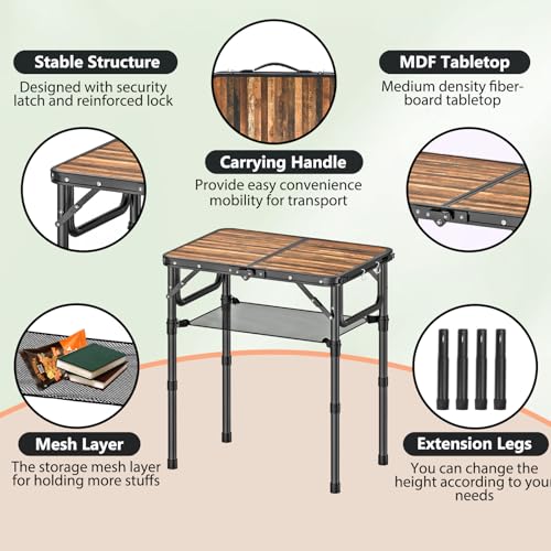 YihuiKo Folding Picnic Table with Storage Net, 3 Adjustable Heights Aluminum Small Folding Table, Lightweight, Portable Carrying Handle, for Camping Travel Outdoor - size: 24"L x 16"W x 27"H Plank-style Wood Grain