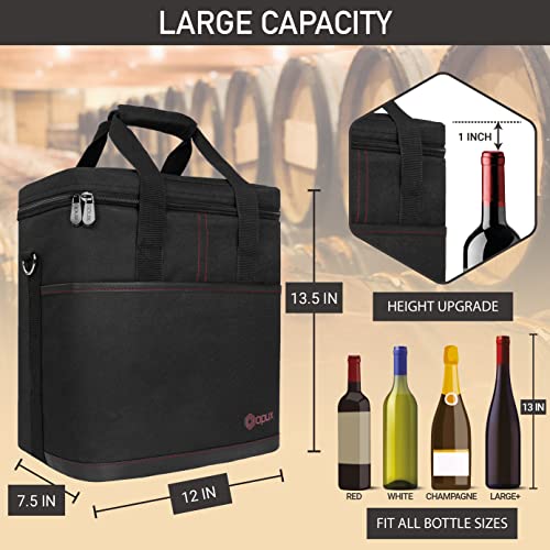 opux 6 Bottle Carrier Tote | Insulated Padded Wine Cooler Bag for Travel. Picnic, BYOB | Portable Leakproof Wine Tote Bag for Dinner, Party, Christmas, Wine Gift for Women, Men (Black) - color: Black, size: 6 Bottle