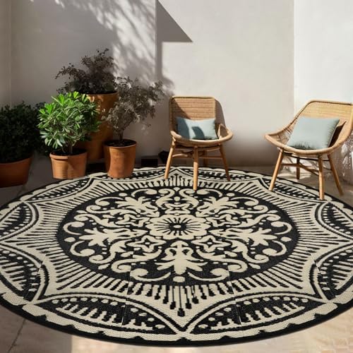 Capslpad 6x6 Floral Outdoor Rug for Patio Clearance Reversible Mat Round Portable Plastic Straw Carpet Waterproof Boho Outside Area Rug for RV Camping Picnic Tent Balcony Beach Deck, Black and Brown - color: Black&brown, size: 6' (Round)