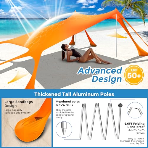 Beach Canopy Beach Tent Pop Up Shade 10x10ft Sun Shelter UPF50+ with 8 Sandbags-2 Sand Shovel-4 Aluminum Poles-Ground Pegs-Portable Carrying Bag for Outdoor Family Camping Fishing Yard Picnic - color: Orange