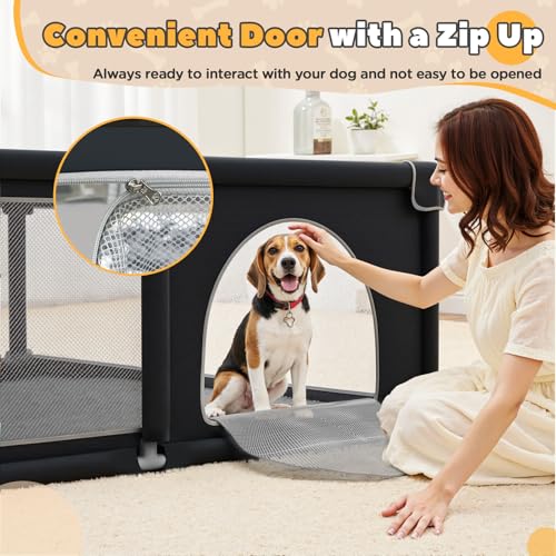 50x50x26 Inches Puppy Playpen with Gate, Dog Playpen for Puppies or Small Dogs, Sturdy Safety Dog Fence Pet Playpen with Thickened Fabric, High-Strength Nylon Wire Mesh for Indoor & Outdoor,Washable - color: Black-Large