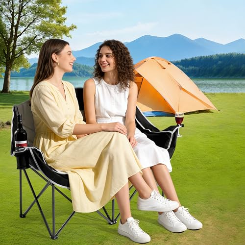 Double Camping Chair,Oversized Foldable Camping Chairs with Cup Holders Heavy Duty Loveseat Couch for Adults Suitable for Indoor Outdoor Beach Support 600 lbs（Black/White）