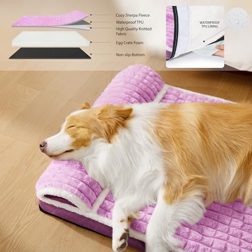 Orthopedic XL Dog Bed Large Sized Dog with Pillow 42''X28'', Waterproof Soft Comfortable Egg Crate Foam Pet Crate Beds Mat with Removable Washable Cover and Non-Slip Bottom, Lilac - color: Lilac, size: 42"l X 28"w X 3.5"th