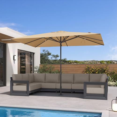 PURPLE LEAF 11' x 8' Rectangular Semi-Auto Outdoor Patio Umbrella Aluminium Market Umbrella Table Sun Umbrella with 1.89" Rod and 8 Sturdy Ribs for Deck Lawn Pool Garden, Beige - color: Beige, size: 8' x 11'