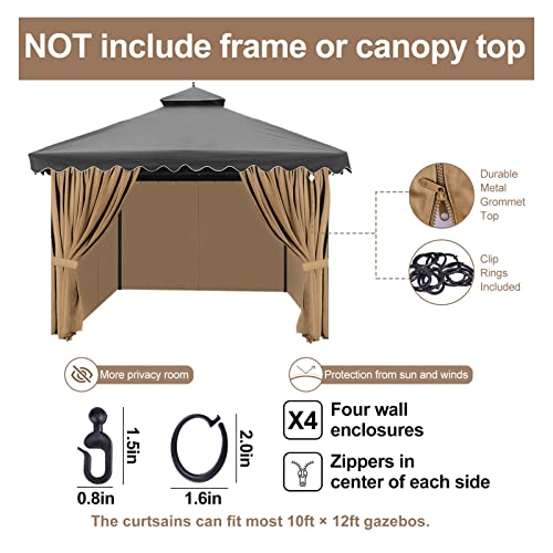 Gazebo Privacy Curtains 10' x 12' with Zipper 4-Panels Side Wall Universal Replacement for Patio, Outdoor Canopy, Garden and Backyard (Curtain Only) - color: Khaki, size: 10' x 12'