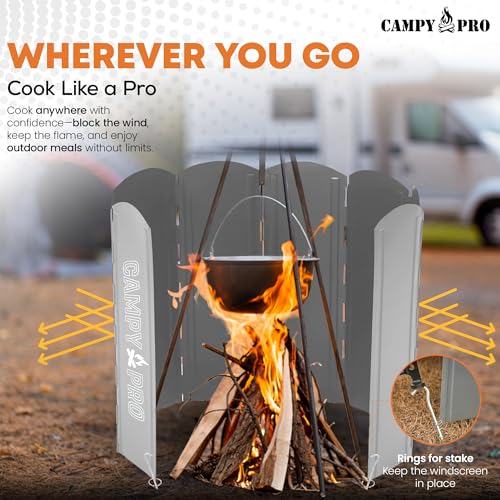 Silver Camping Stove Windscreen, Foldable 8-Panel Wind Blocker with Stakes & Bag, 23.6in (60cm) Portable Windshield, Fire Pit Wind Guard, Campfire, Patio, RV, Outdoor Cooking, Hiking, Picnic