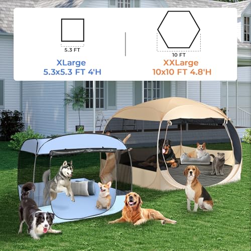 EighteenTek XXLarge Popup Portable Dog Houses, 10'x4.8'H Assembly-Free Gazebo-Style Dog Cot Cat Playpen Screen Pet Tent Sun Shade Shelter Dog Bed with Canopy for Outdoor Anti-Bugs with Leakproof Floor - color: Beige, size: XXLarge, 10' x 10' x 4.8'H