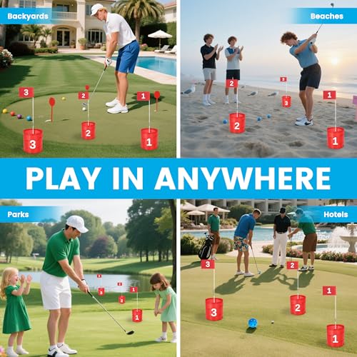 Golf Bucket Yard Game 9-Hole Set with 2 Clubs, Portable Outdoor Yard Game for Family and Adults, Golf Chipping Games Practice Games for Lawn, Beach, Camping, Park