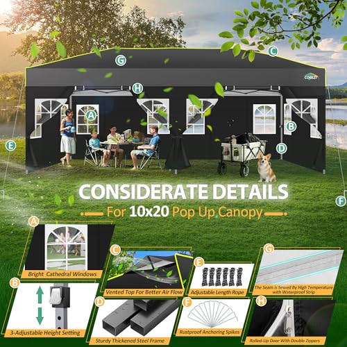 COBIZI 10x20 Pop Up Canopy Tent with 6 Sidewalls One Push Setup Outdoor Commercial Gazebo Waterproof UPF 50+ Party Tent with Carry Bag,Air Vent,Sandbag Tents for Parties,Wedding,Backyard,Black - color: Black(1-year warranty), size: 10x20