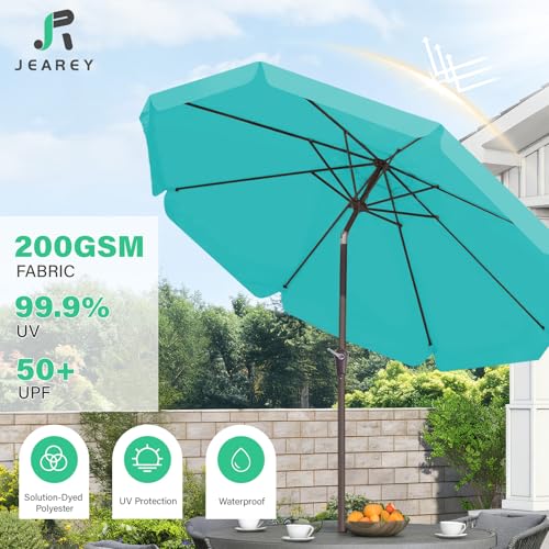 JEAREY 9 FT Patio Umbrella Outdoor, Table Umbrellas Market Umbrella w/Push Button Tilt/Crank, 8 Sturdy Ribs(Teal) - color: Teal