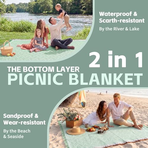 2 in 1 Extra Large Outdoor Picnic Mat Woven Summer Throw Blanket Boho Giant Beach Travel Essential Yoga Accessories Park Patio Lawn Garden Grass Ground Play Music Festival Concert Must Have - color: Sage Green