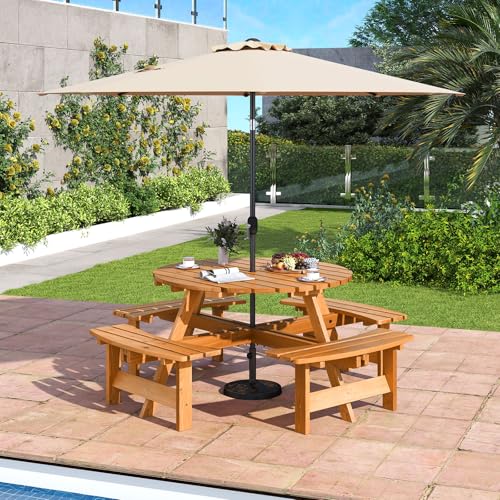 Giantex 8-Person Round Picnic Table Set with 4 Benches, 550 LBS Bench Capacity, 2" Umbrella Hole, Circular Outdoor Wood Dining Table & Chairs for Patio Yard Garden Porch Deck (71”x71”x28”,Yellow) - color: Yellow, size: 71”x71”x28”