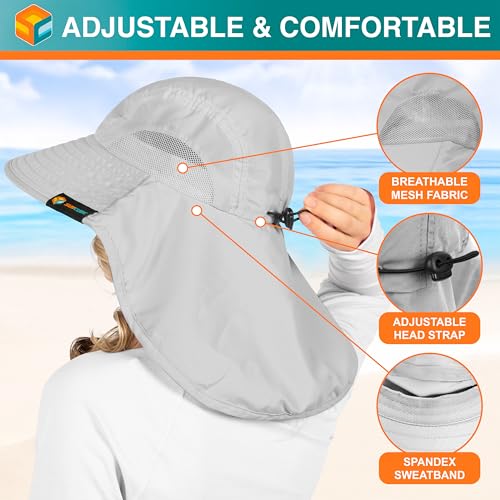 SUN CUBE Wide Brim Sun Hat with Neck Flap, UPF50+ Hiking Safari Fishing Hat for Men Women, Sun Protection Beach Hat - color: Light Grey