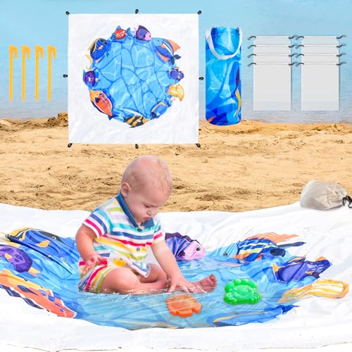 6.5 X 6.5 Ft Baby Beach Pool, 2 in 1 Portable Kids Beach Play Pool Puddle Toddler Beach Blanket and Kiddie Pools Blue Cartoon Childs Sand Pit Paddling Pools with Water Bag for Boy Girl Outdoor Camping - size: Square 2m x 2m/6.5ft x 6.5ft