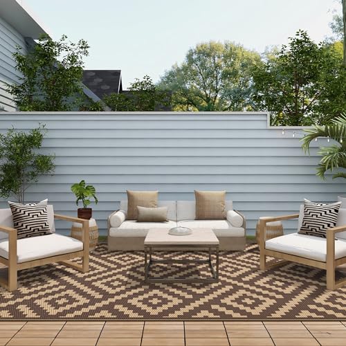 GENIMO Outdoor Rug for Patio Clearance, 6'x9' Reversible Plastic Straw Rugs, Lightweight Waterproof RV Camping Mat for Camper, Balcony, Deck, Backyard, Picnic, Coffee & Brown - color: Coffee&brown, size: 6' x 9' (Rectangular)