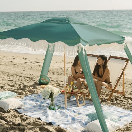 AMMSUN Beach Cabana with Fringe, 7' x 7' Boho Beach Canopy with Tassels, Easy Set up & Premium Wood Pole, Cabana Tent with Sand Pockets, Instant Sun Shade for Sand, Garden, Patio, Mint Green - color: Mint Green