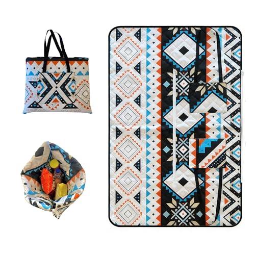 Outdoor Packable Picnic Blanket with Zipper Folds into Tote Bag with Large Storage and Shoulder Strap, Waterproof Sandproof for Lawn Beach Hiking Camping (colorful2, Small) - color: Colorful2, size: Small