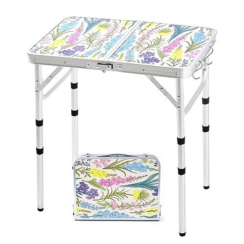 Yriuat Folding Camping Table 2ft Portable Pinic Table Adjustable Height Small Card Table Aluminum Foldable Lightweight with Carry Handle for Outdoor Indoor Hiking Camp BBQ Beach (Blooming Floral) - color: Blooming Floral, size: 24"l X 16"w X 24"h