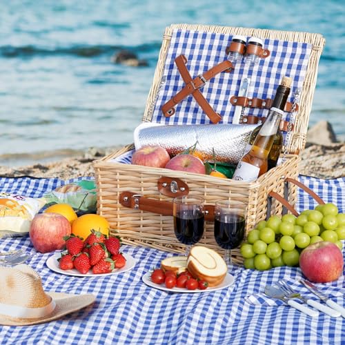 HappyPicnic Picnic Basket Set for 2 - Wicker Picnic Basket with Waterproof Blanket & Insulated Liner, Large Handmade Willow Hamper with Cutlery Kit for Outdoor, Picnic, Camping, Party, Holidays (Blue) - color: Blue