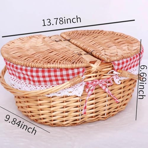 13.78" Wicker Picnic Basket with Picnic Cloth Vintage Picnic Basket with Removable Liner, Folding Handle and Lid Picnic Basket Set for Picnic, Camping, Outdoor, Valentine Day, Thanks Giving, Birthday