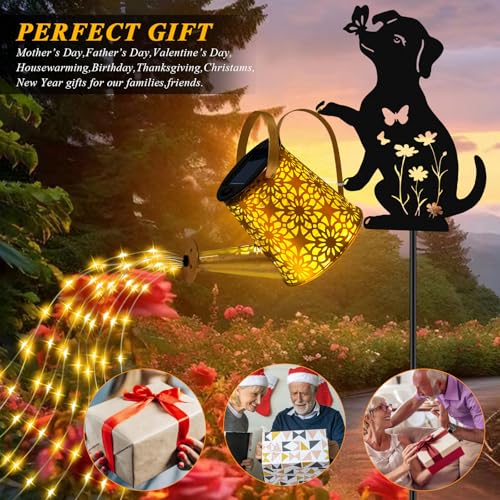 Solar Lights Outdoor Decorative, Watering Can with Cascading Lights, with Dog Silhouette Garden Stakes, Waterproof Metal Garden Decor Mom Christmas Gifts 2 Pack - color: Dog 2 Pack