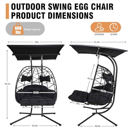 Double Egg Chair Outdoor with Stand & Canopy,Hanging Loveseat Hammock Swing Chair with Leg Rests & UV Resistant Cushion,Patio Swinging Chair,600LBS Capacity for Bedroom Balcony Garden - color: Double Chair & Footrest & Canopy, size: Black Frame&black Cush