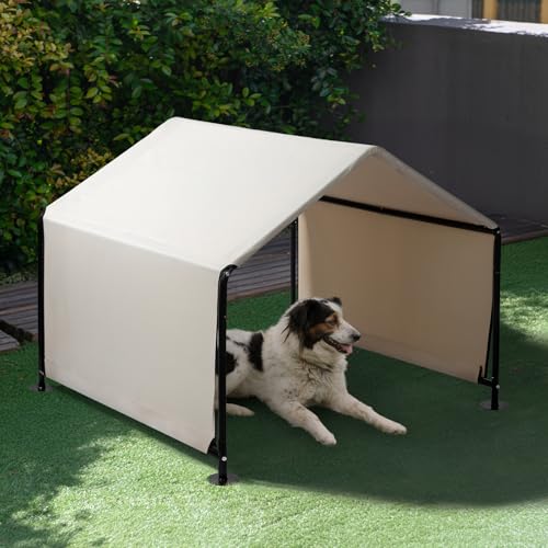 Dog Tent, 4'x4'x3' Dog Shade Shelter Outdoor Deep Grey Tent for Large Medium Dogs, Outside Sun Rain Canopy Pet House for Cats Pigs Livestock with Waterproof Roof Ground Nails,Creamy White