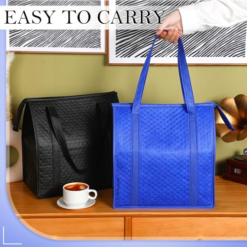 10 Pack Large Insulated Grocery Bags Reusable Shopping Bags with Zippered Top 13 x 12 x 7 Inch Thermal Cooler Totes Bulk with Handles for Hot Cold Food Delivery Refrigerator (Blue and Black) - color: Blue and Black