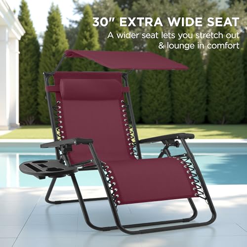 Best Choice Products 30” Wide Folding Zero Gravity Outdoor Recliner Patio Lounge Chair w/Adjustable Canopy Shade, Headrest, Side Accessory Tray - Burgundy - color: Burgundy, size: Oversized Extra Wide