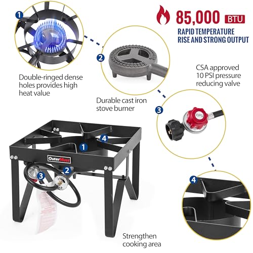 OuterMust Outdoor Propane Burner Heavy Duty Propane Gas Stoves for Cooking with 10 PSI Regulator and Cast Iron Braided Holes Perfect for Home Brewing, Crawfish Boiler, Turkey Fryer and Seafood Boiler - size: Single Burner - Heavy Duty