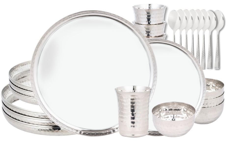 Stainless Steel Dinnerware Hammered 28-Piece Dinner set Dishwasher safe ~ Indian Style (Service for 4) - size: Service for 4