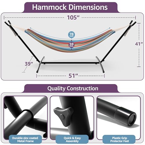 Sorbus 2-Person Luxury Hammock with Steel Stand- Premium Cotton Blend 60" Large Bed- Heavy Duty 450lbs Portable w/Carrying Case - for Garden Yard Patio Outdoor Camping Gifts- Washable - color: Blue/Sand/Purple/Red