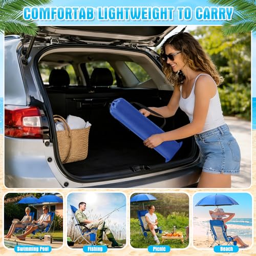 Colingmill 4 Pcs Low Beach Chair with Umbrella Camping Chair Backpack Folding Recliner Mesh Back with Headrest Cup Holder Carry Bag for Summer Tent Picnics Outdoor Travel Barbecues (Ocean Blue) - color: Ocean Blue